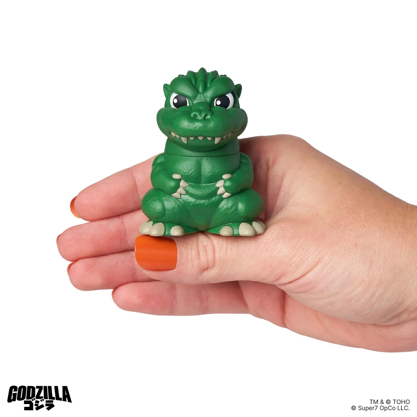 Godzilla verde de FUN! FUN! MINI en la palma de la mano para ver su tamaño de 2,5 pulgadas