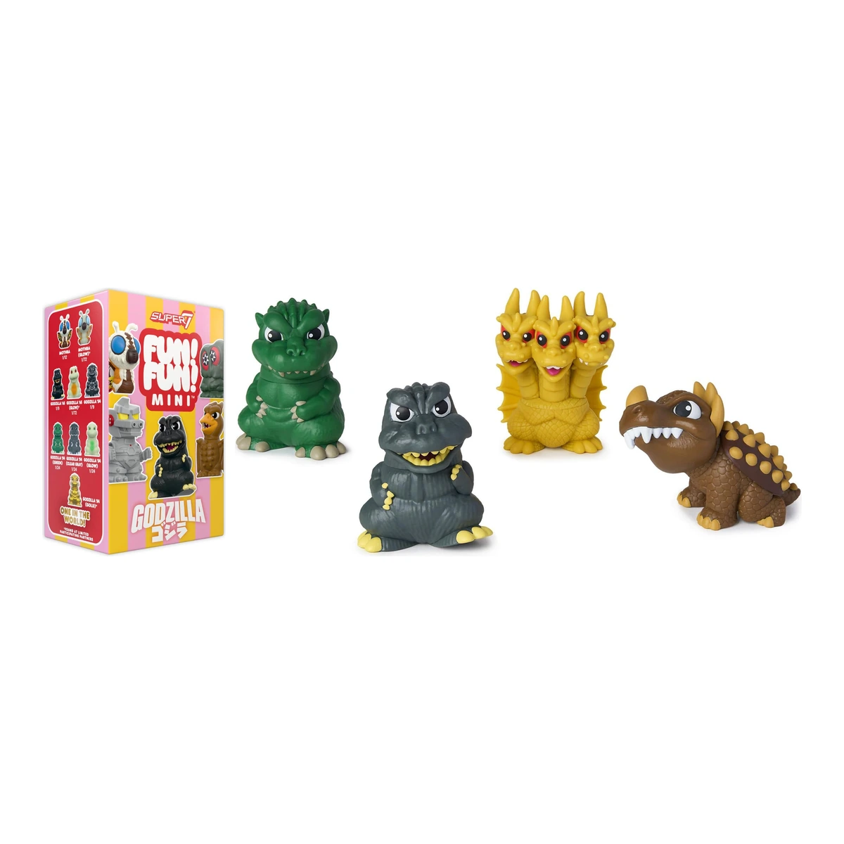 Caja ciega de Godzilla FUN! FUN! MINI de Super7 junto a las figuras de Godzilla verde, Godzilla '54, King Ghidorah y Anguirus
