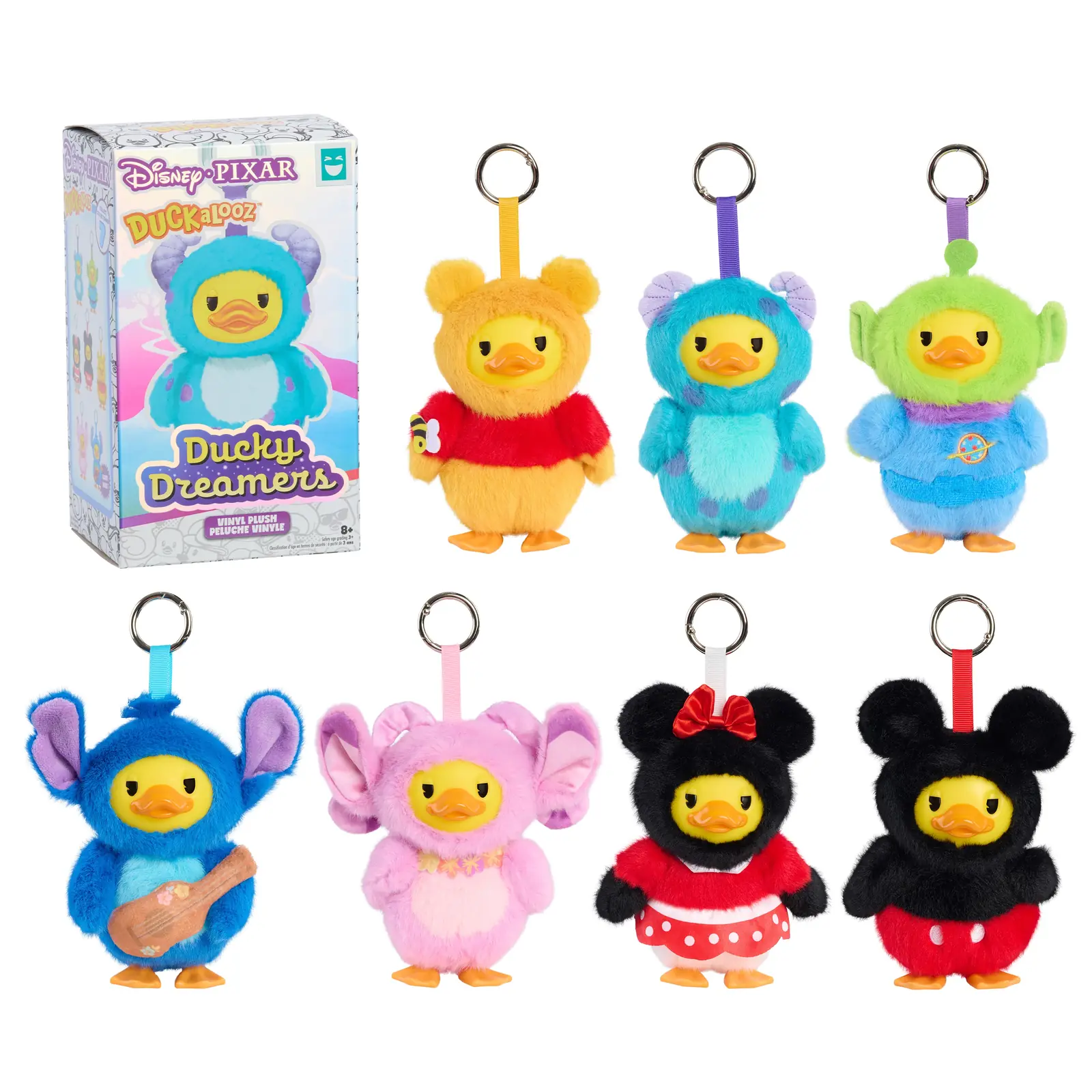 Happy Haul Duckalooz Disney Pixar Ducky Dreamers: patitos clip-on disfrazados de Mickey, Minnie, Stitch, Angel, Pooh, Alien y Sulley
