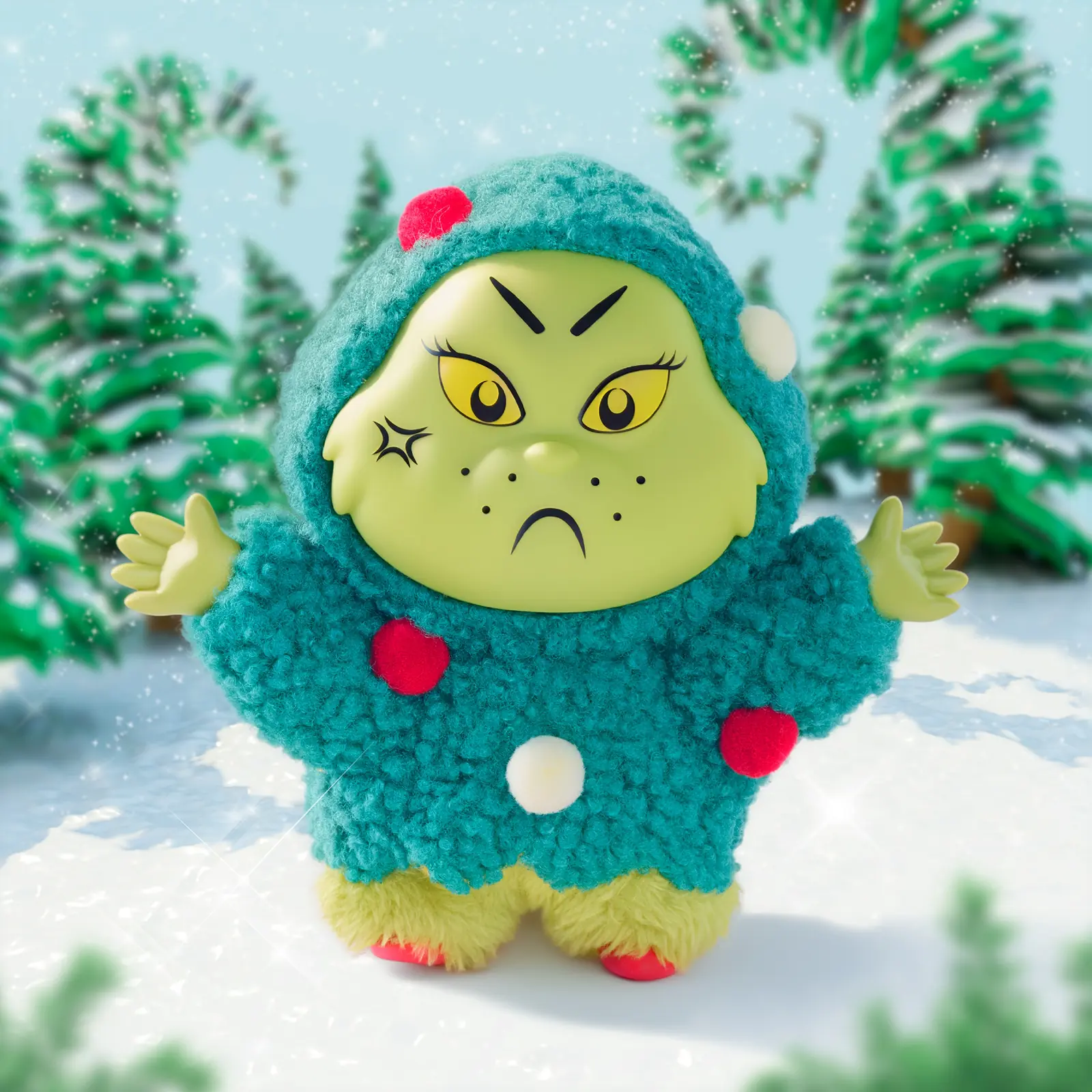Clip-on de peluche del Grinch de Happy Haul Grouchy Greetings en un escenario nevado