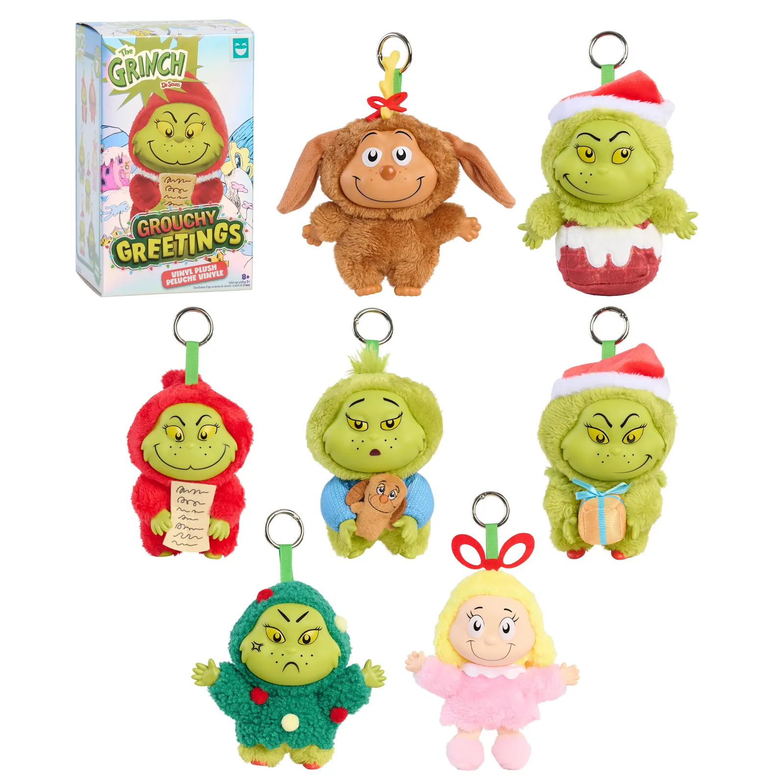 Happy Haul The Grinch Grouchy Greetings de Just Play: caja y los clip-ons de peluche del Grinch, Max y Cindy-Lou Who