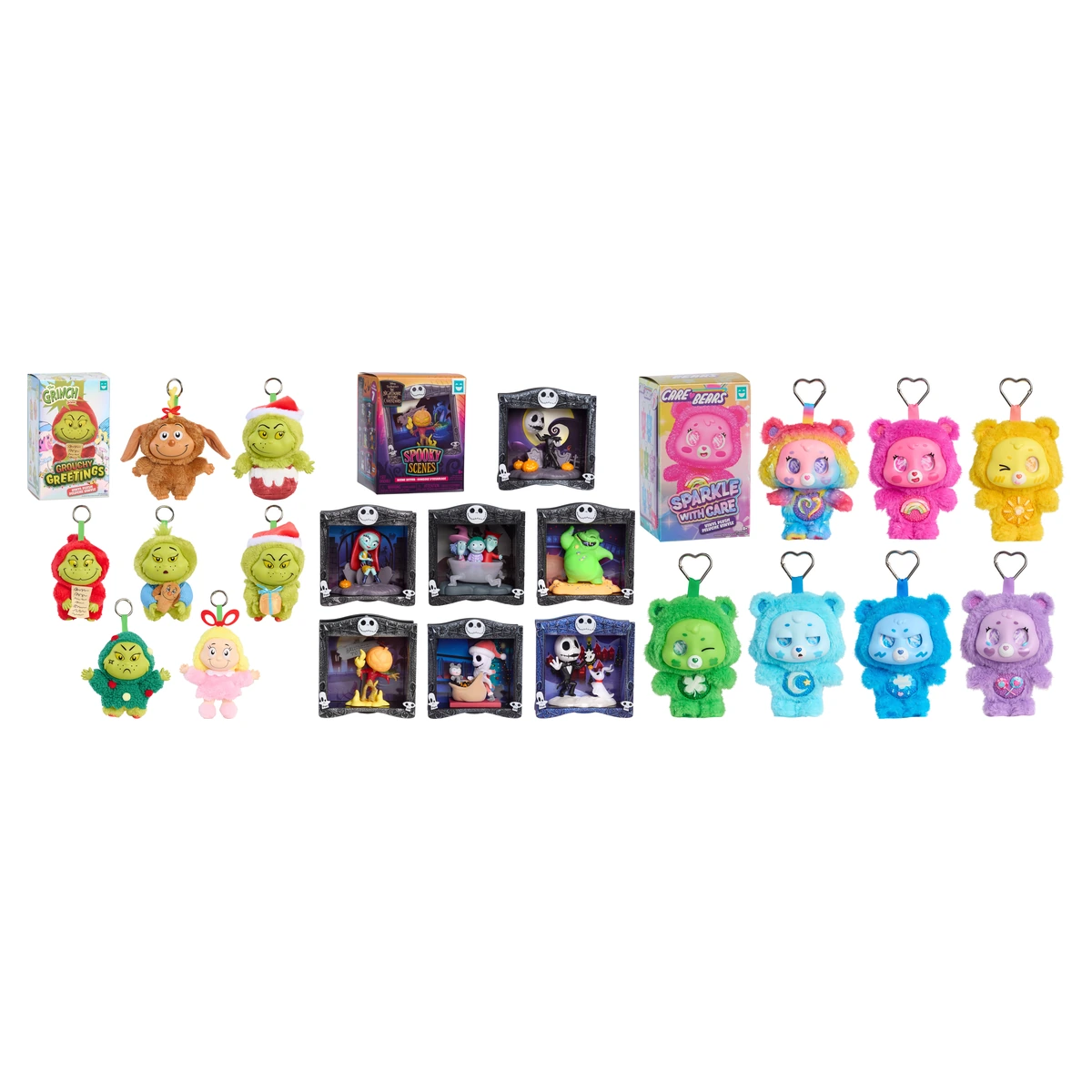 Happy Haul de Just Play: cajas y figuras de The Grinch Grouchy Greetings, Nightmare Before Christmas Spooky Scenes y Care Bears Sparkle with Care