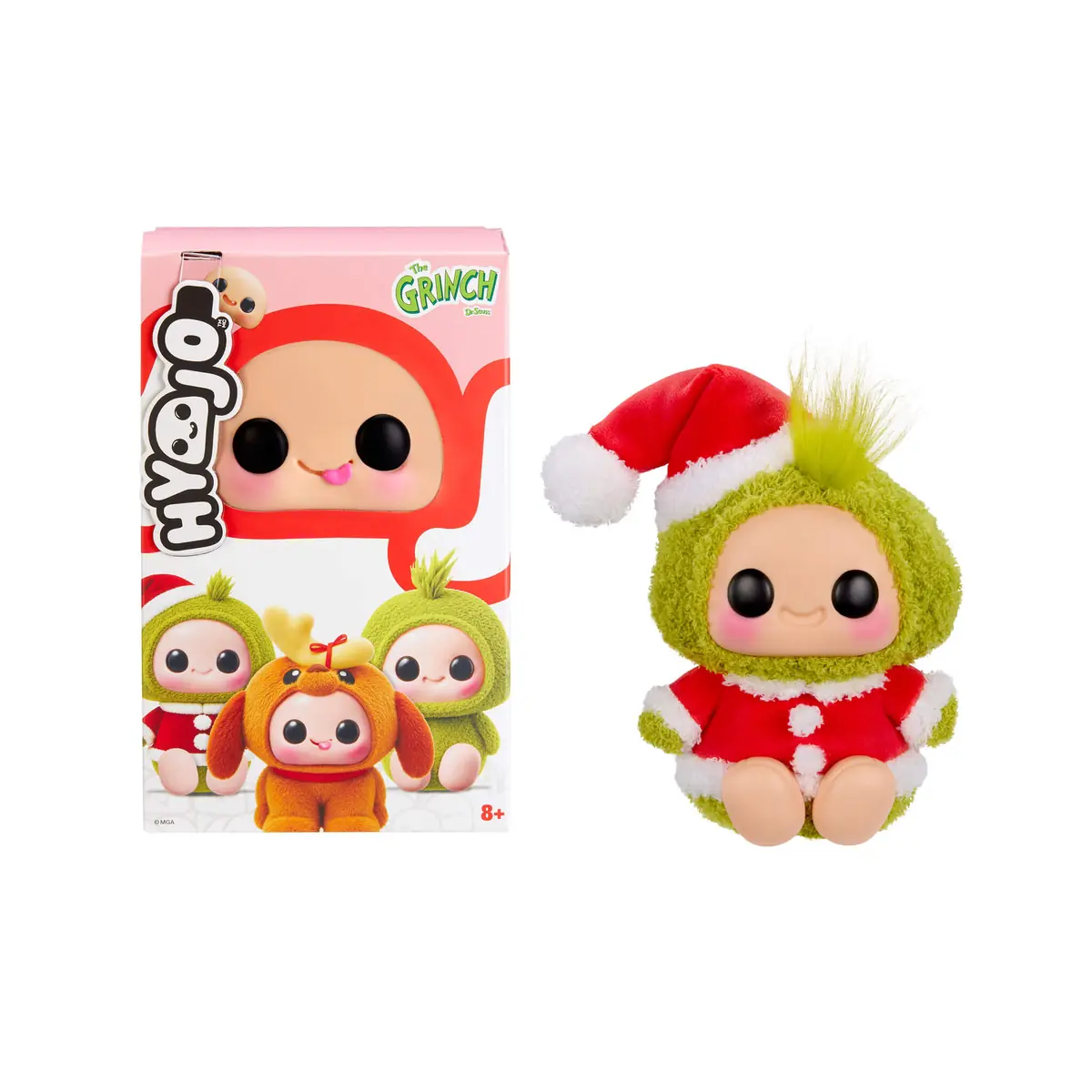Caja de Hyojo Series 4 Grinch junto al squishy Grinch Santa con traje rojo