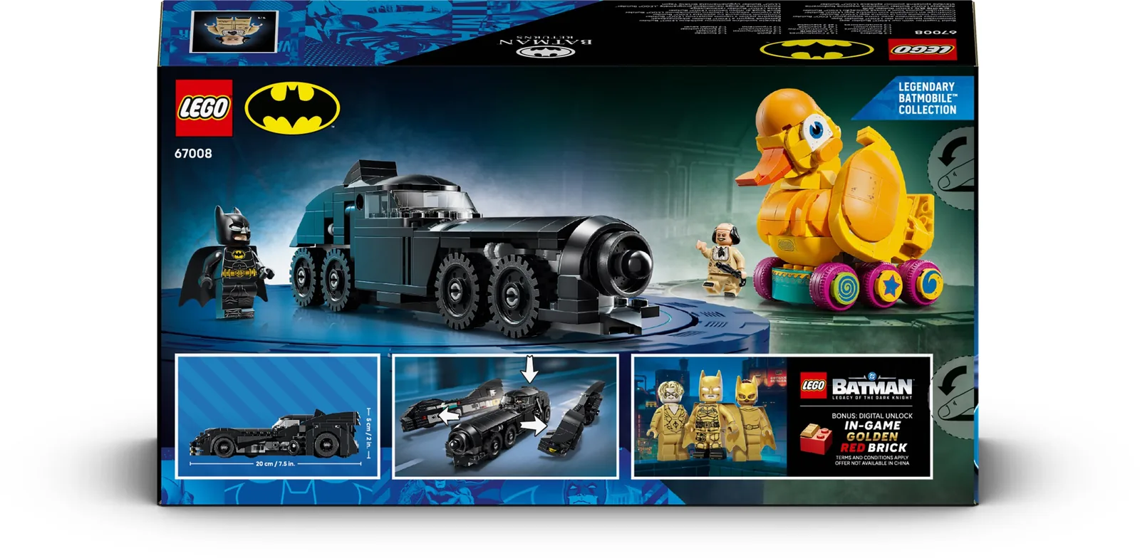 Caja trasera del set LEGO 67008 con el rótulo Legendary Batmobile Collection y el Golden Red Brick