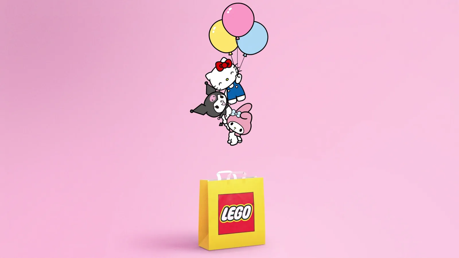 Hello Kitty, Kuromi y My Melody suben con globos sobre una bolsa LEGO en el teaser oficial de LEGO Sanrio
