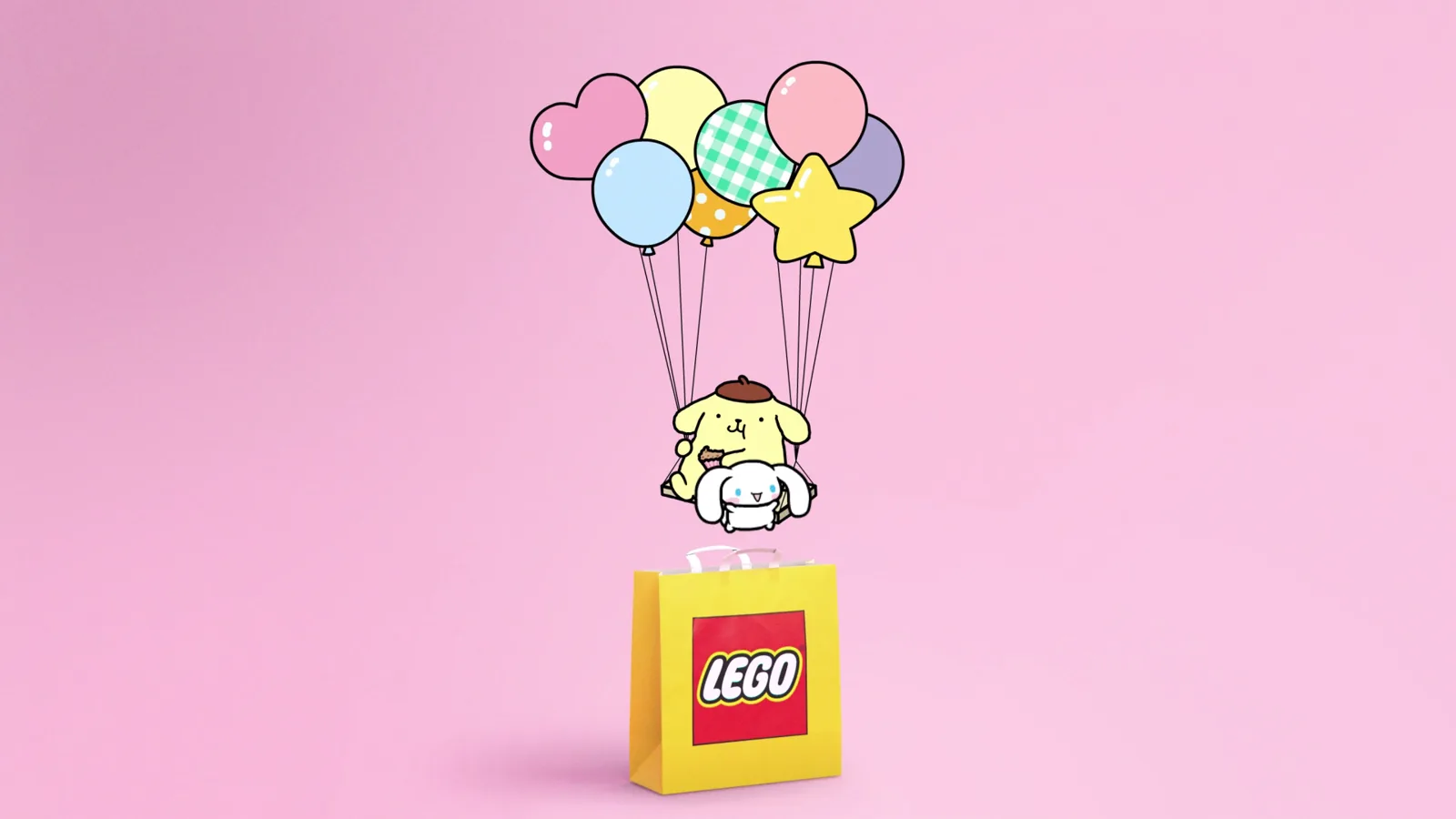 Pompompurin y Cinnamoroll en un columpio de globos sobre una bolsa LEGO en el teaser oficial de LEGO Sanrio