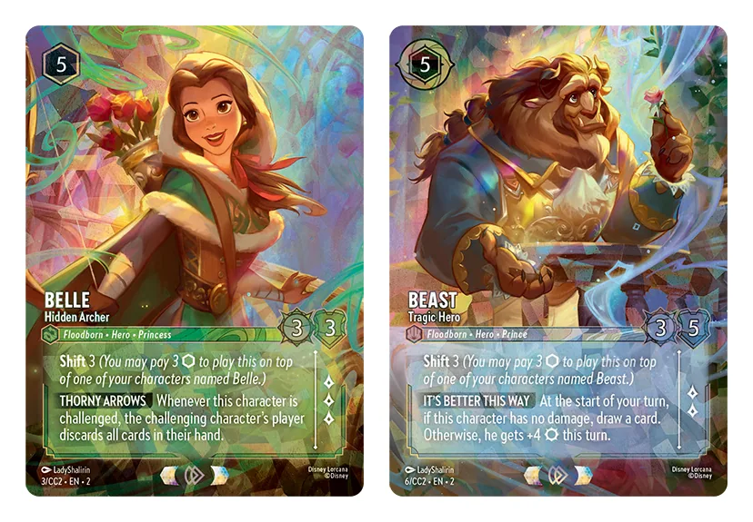 Cartas Belle Hidden Archer y Beast Tragic Hero de la Lorcana Curator's Collection Bella y la Bestia, ambas de LadyShalirin