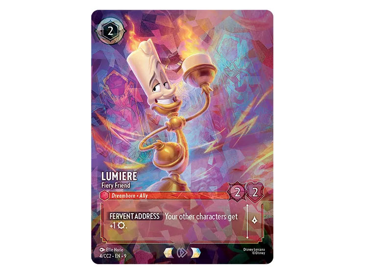 Carta Lumiere Fiery Friend 4/CC2 de la Lorcana Curator's Collection Bella y la Bestia