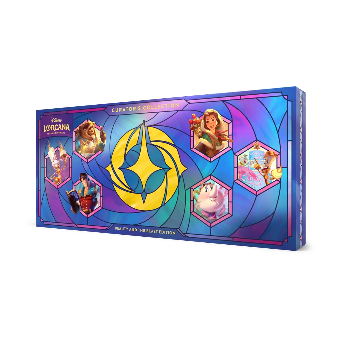 Caja de la Lorcana Curator's Collection Bella y la Bestia con diseño de vidriera y los personajes de la película