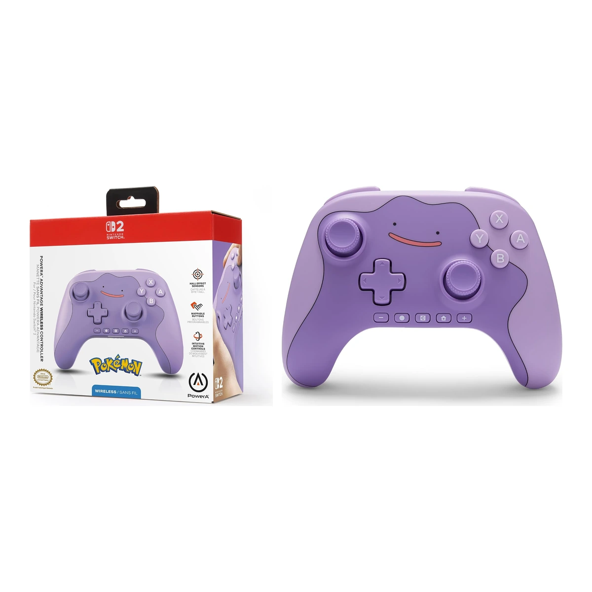 Mando Ditto para Switch 2 de PowerA (Advantage Wireless Controller Pokémon: Ditto) junto a su caja, sobre fondo blanco