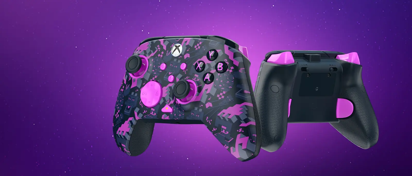 Mando Turtle Beach Rematch Wireless RGB Minecraft para Xbox, morado con el diseño Minecraft iluminado, de frente y por detrás