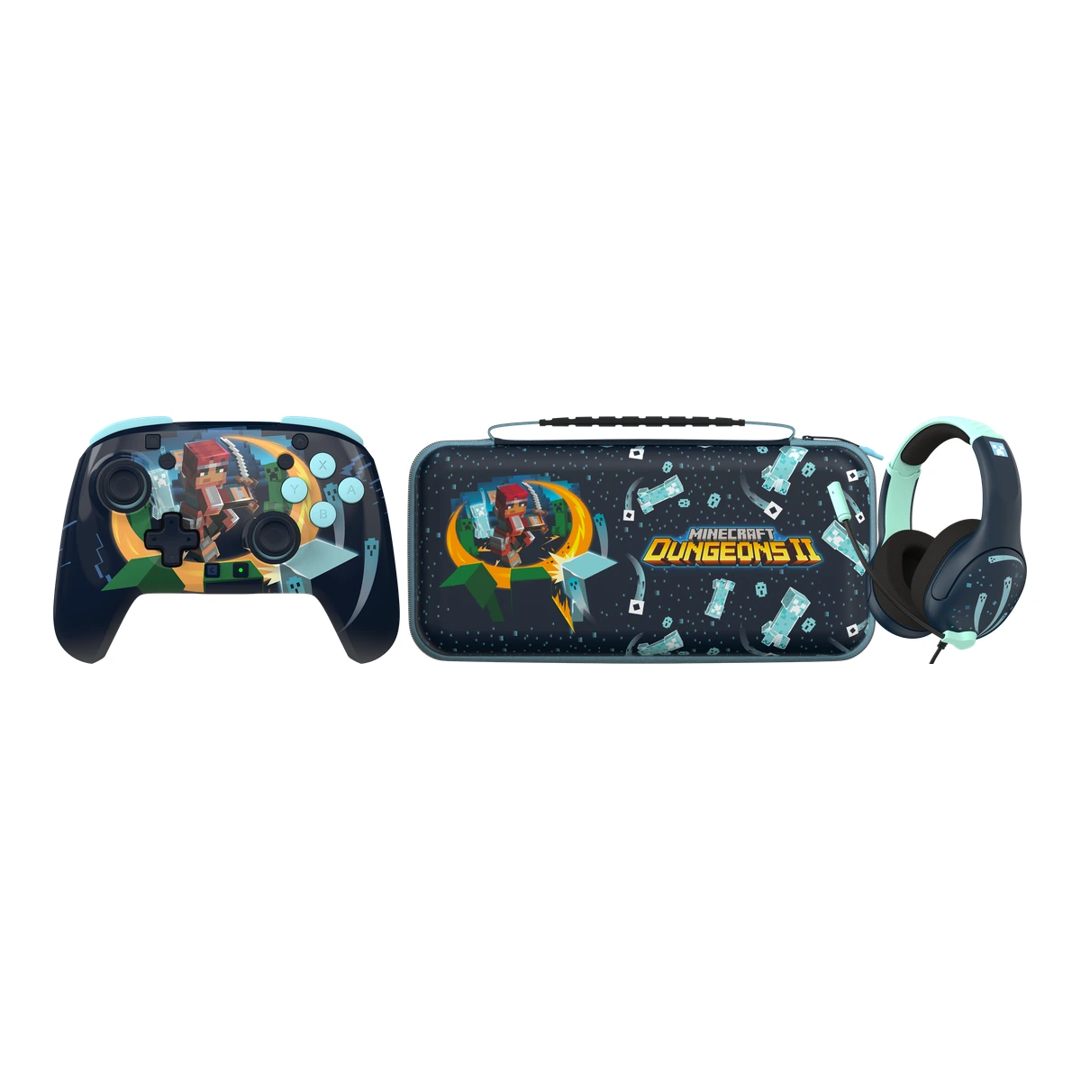 Mando Minecraft Dungeons II para Switch 2 de Turtle Beach junto a la funda PlayTrek y los auriculares Airlite Fit, sobre fondo blanco