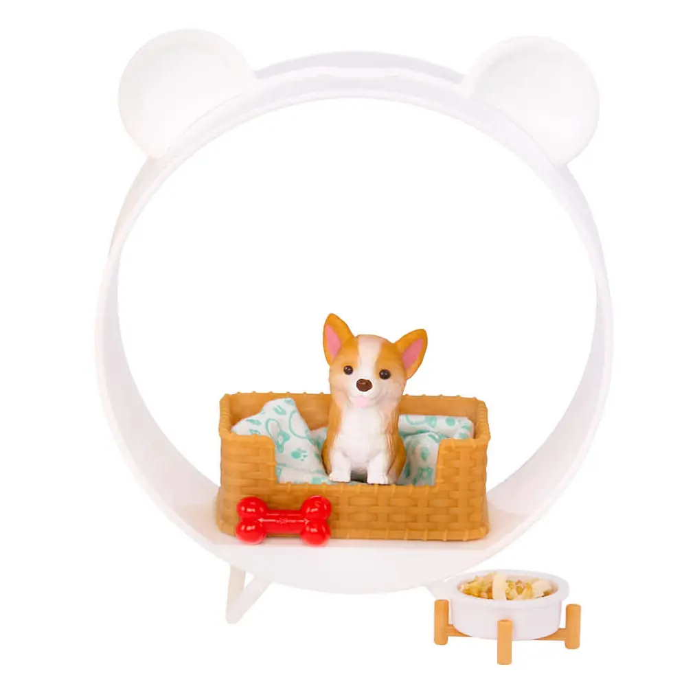 Corgi de Miniverse Animals Serie 3 en su cama de mimbre con hueso y cuenco, dentro de la cápsula expositora