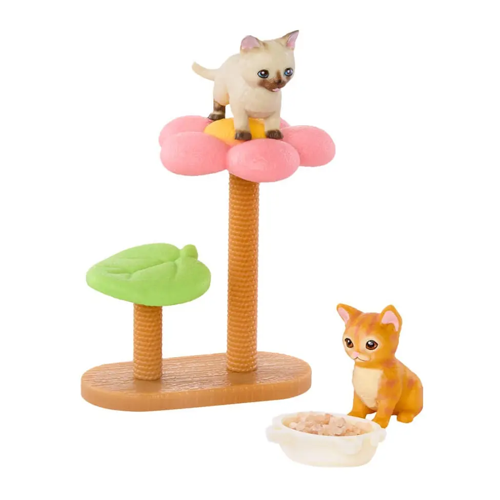 Set Gatitos n.º 1 de Miniverse Animals Serie 3 con rascador de flor y hoja y plato de comida