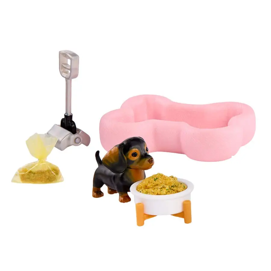 Teckel de Miniverse Animals Serie 3 con cama rosa, cuenco y pinza recogedora