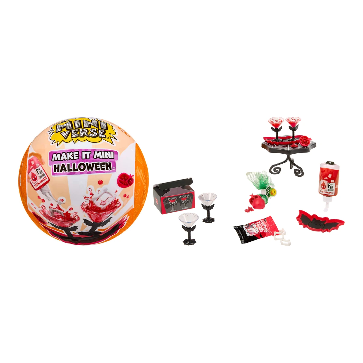 Miniverse Make It Mini Halloween Series 4 (Corpse Bride): bola y contenido de la receta Vampire Drinks, imagen oficial de MGA Entertainment