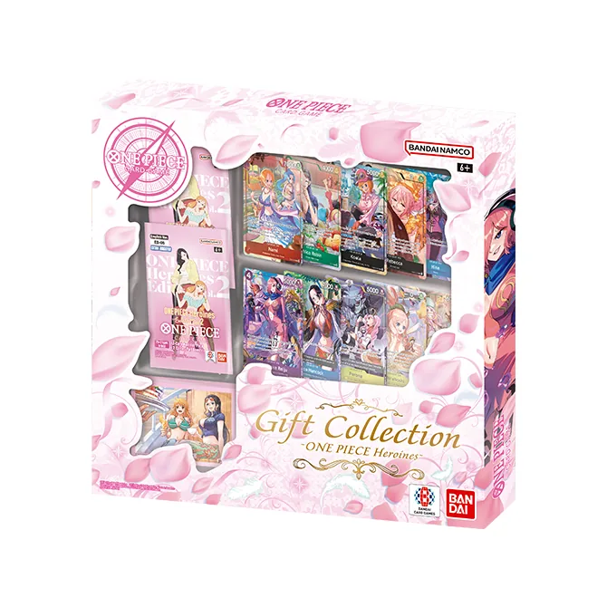 Caja Gift Collection ONE PIECE Heroines GC-2026 con las 10 cartas promo de heroínas en dos filas, los sobres EB-05 y las fundas