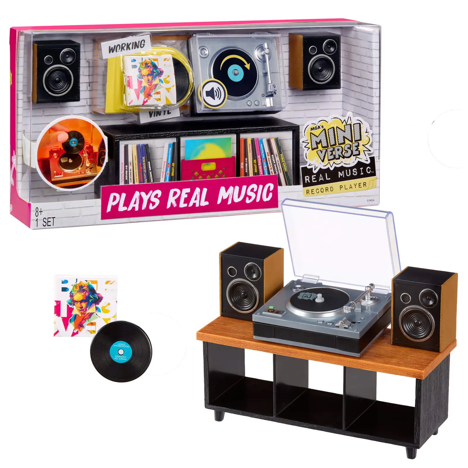 Miniverse Real Music Record Player de MGA en su caja y montado con mueble, dos altavoces y el vinilo de Beethoven