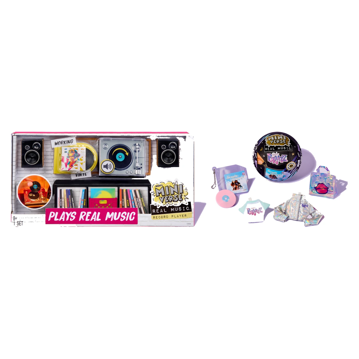 Pack Bratz Real Music de MGA: caja del tocadiscos Miniverse Real Music Record Player junto a la Bratz Special Edition abierta