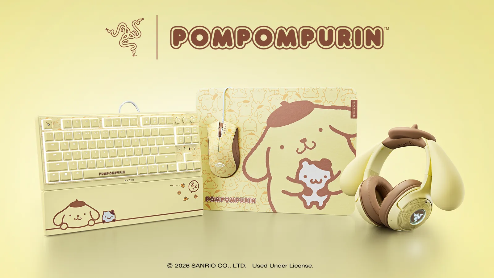 Colección Razer Pompompurin: teclado con reposamuñecas, ratón, alfombrilla y auriculares Kraken Kitty V2 BT en amarillo y marrón