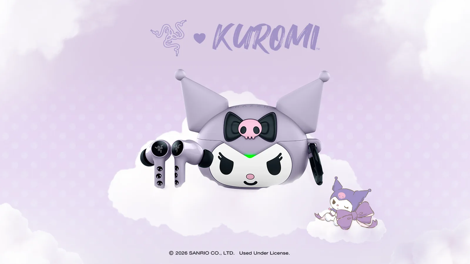 Razer Hammerhead V3 X HyperSpeed Kuromi Edition: estuche lila con la cara y las orejas de Kuromi y los dos auriculares con calaveras en el tallo