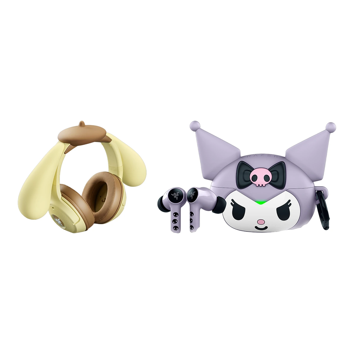 Razer Pompompurin y Kuromi: auriculares Kraken Kitty V2 BT Pompompurin con orejas y boina y earbuds Hammerhead V3 X HyperSpeed Kuromi con su estuche, sobre fondo blanco