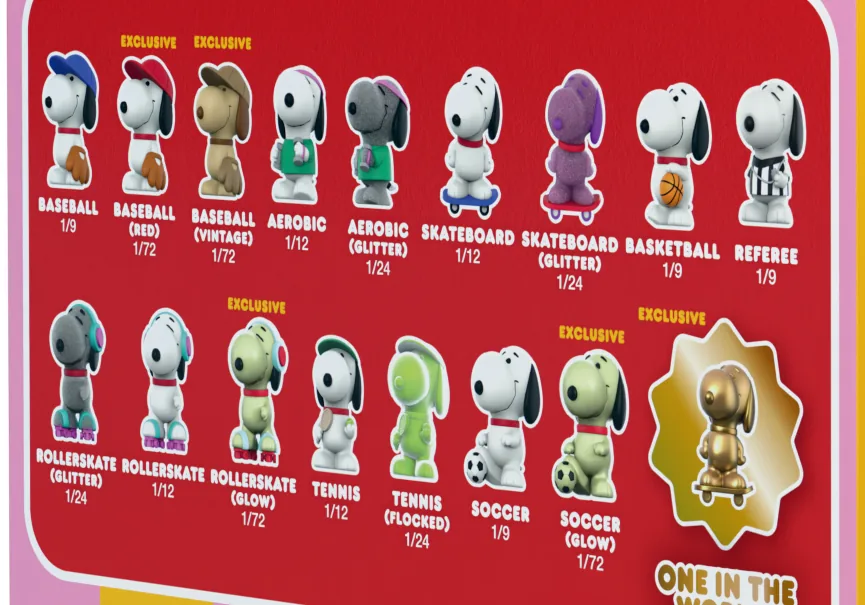 Panel del display de Snoopy FUN FUN MINI de Super7 con las 16 figuras y sus probabilidades de 1/9 a 1/72