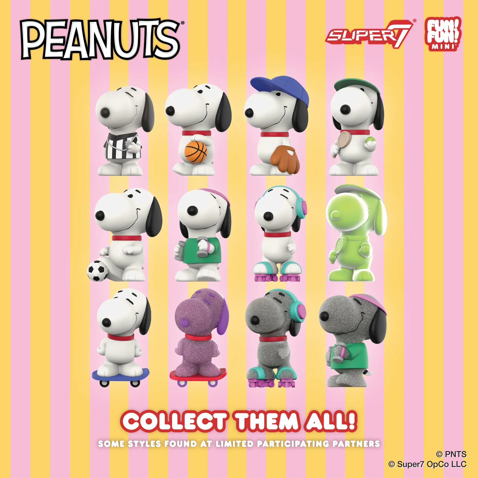 Lámina Collect them all de Peanuts FUN FUN MINI con doce Snoopy deportistas de Super7