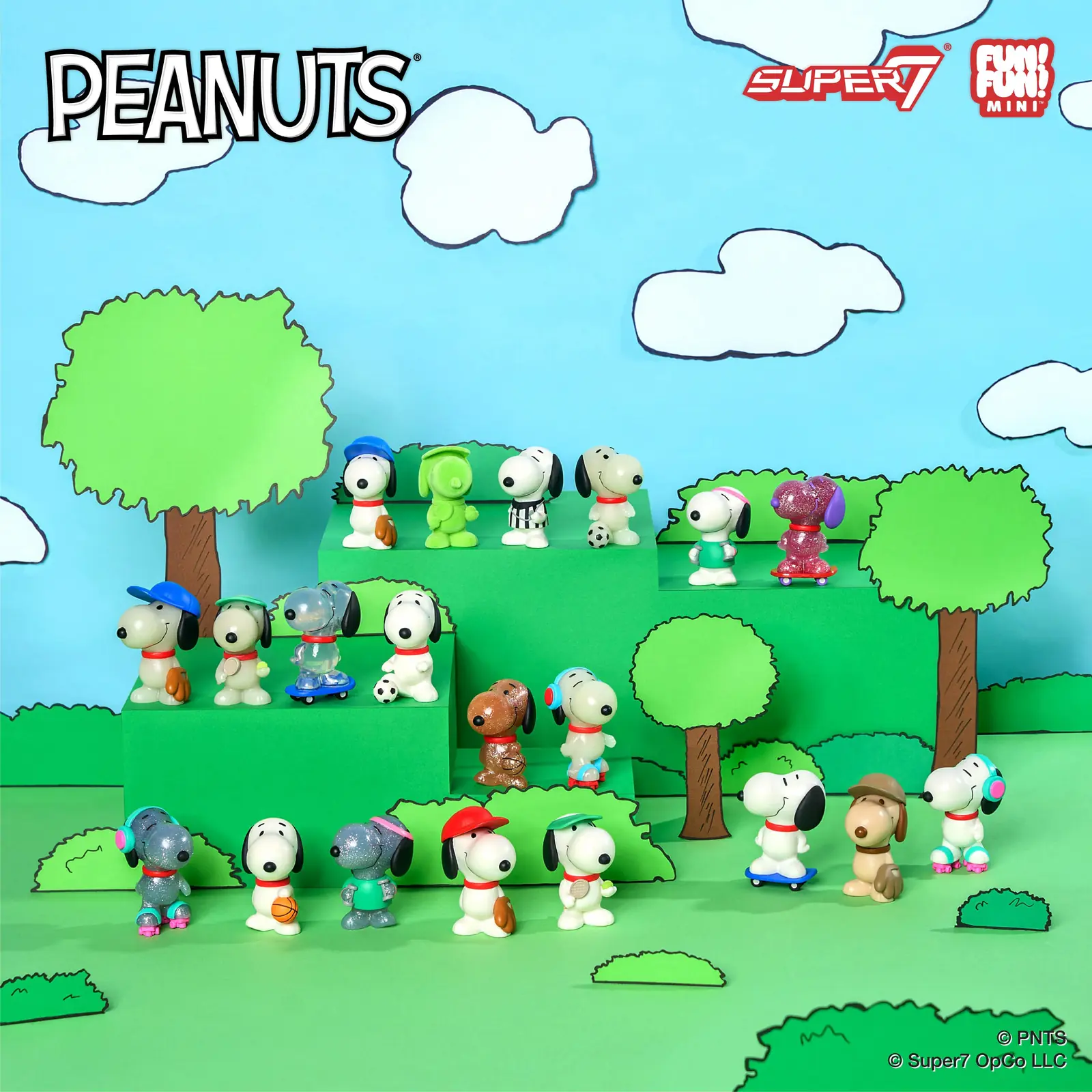 Diorama oficial de Super7 con la colección Peanuts FUN FUN MINI Wave 01 sobre colinas de cartón