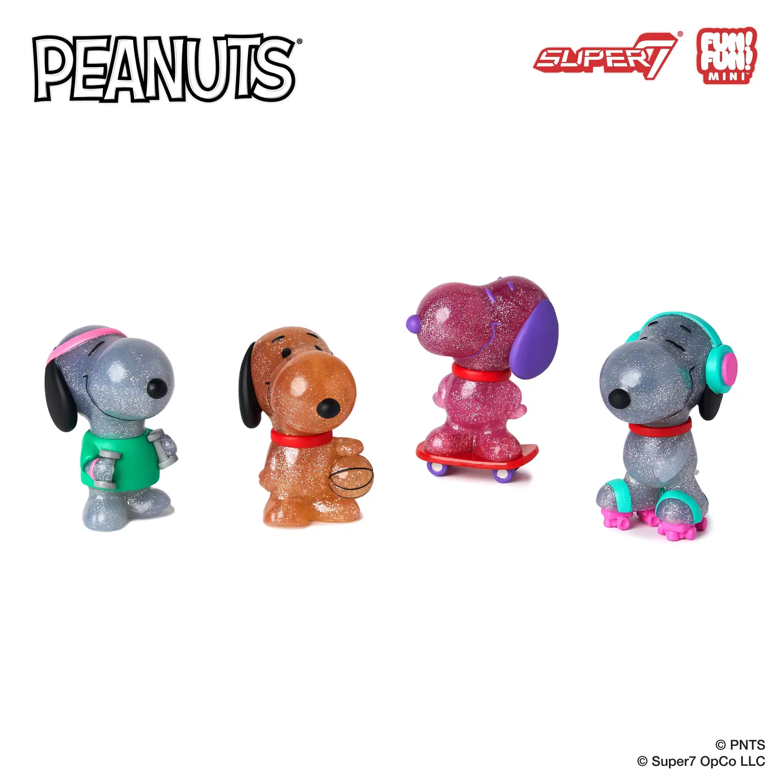 Cuatro Snoopy FUN FUN MINI con purpurina: aeróbic, baloncesto naranja, skate y patines