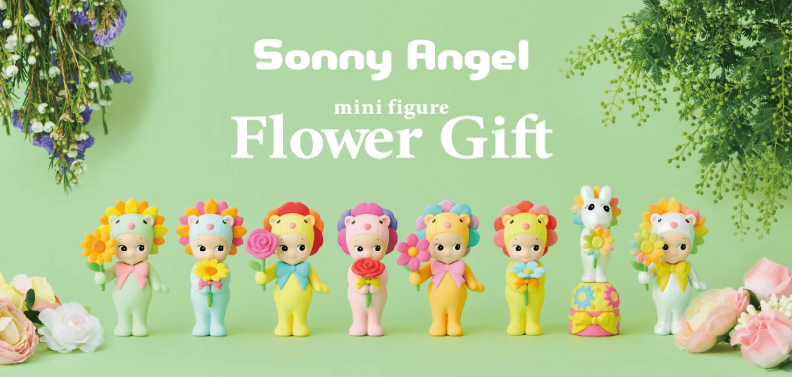 Banner oficial de Sonny Angel Flower Gift con las 8 figuras león con flores en fila