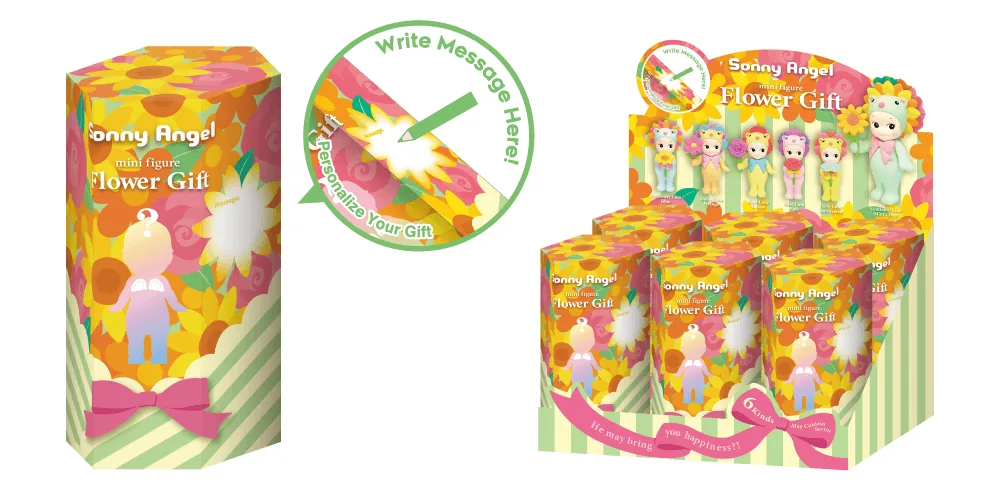 Blind box de Sonny Angel Flower Gift con lazo y hueco para escribir un mensaje, junto a la caja assort de 6